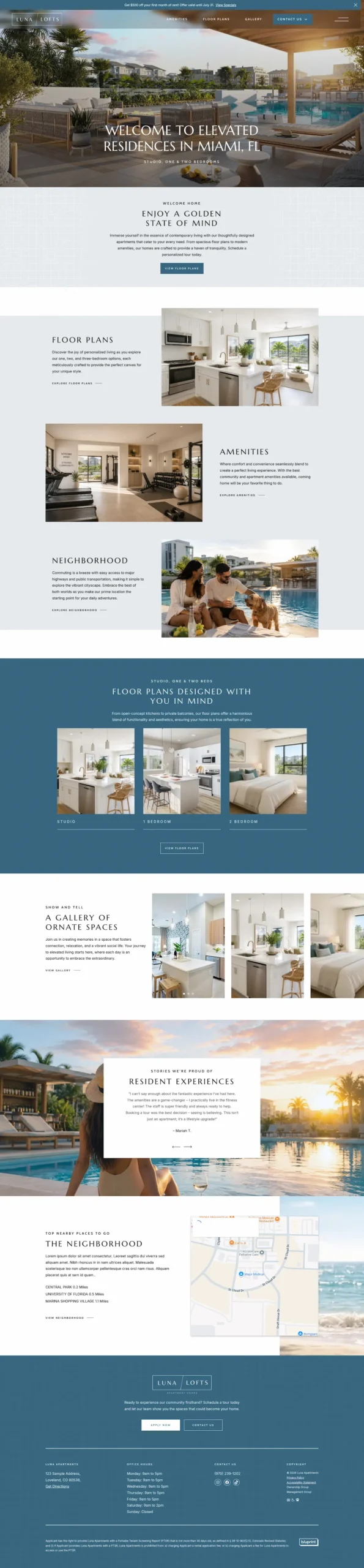 Luxury Miami apartment website with poolside view