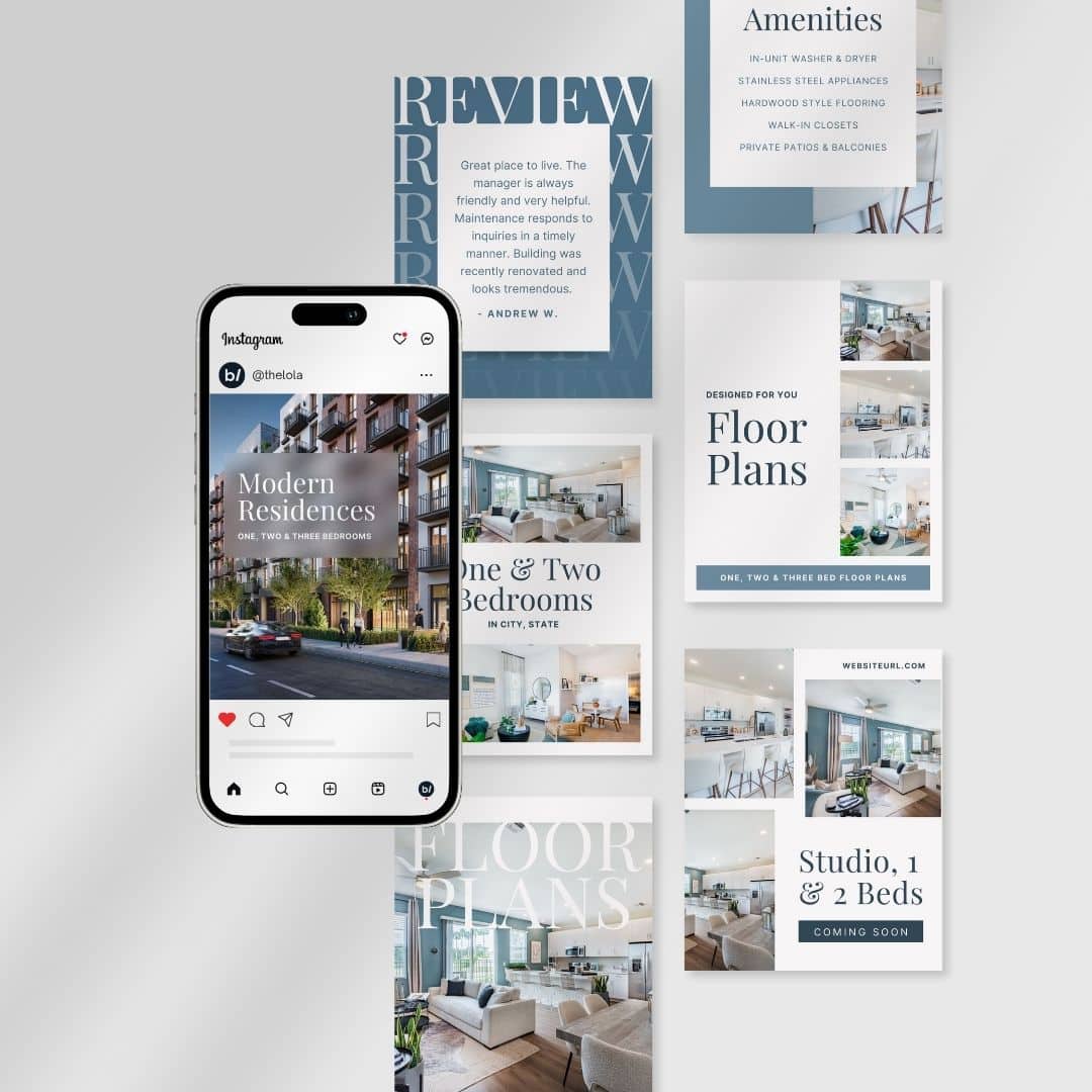 Modern residences and amenities promotional posters.