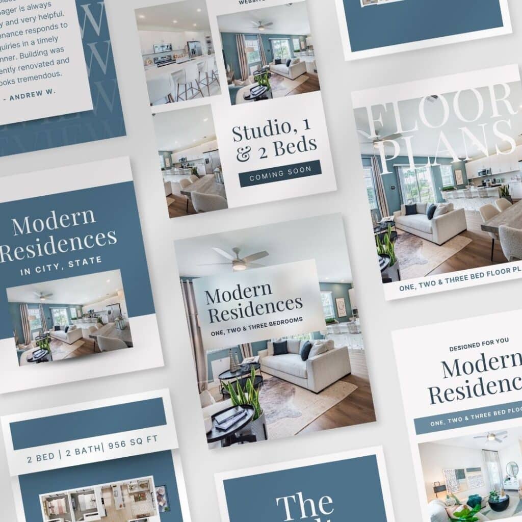 Modern residences promotional collage with floor plans.
