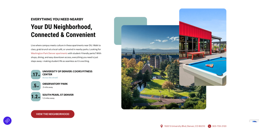 DU neighborhood overview with amenities and attractions.