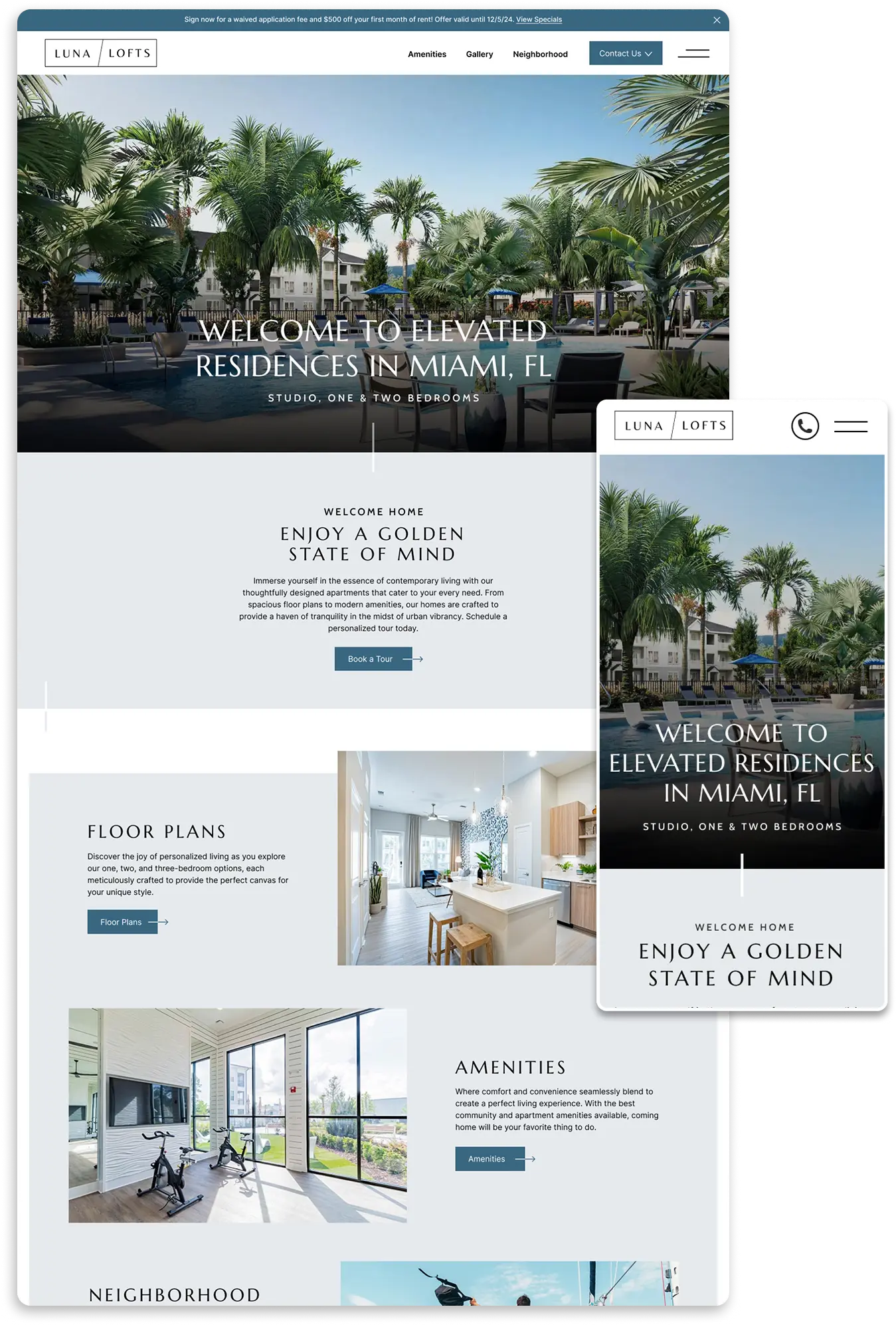 Miami luxury apartments with pool and palm trees.