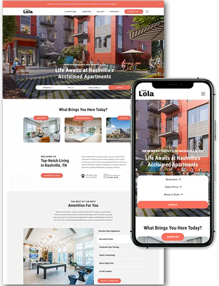 Nashville apartments website on desktop and mobile.