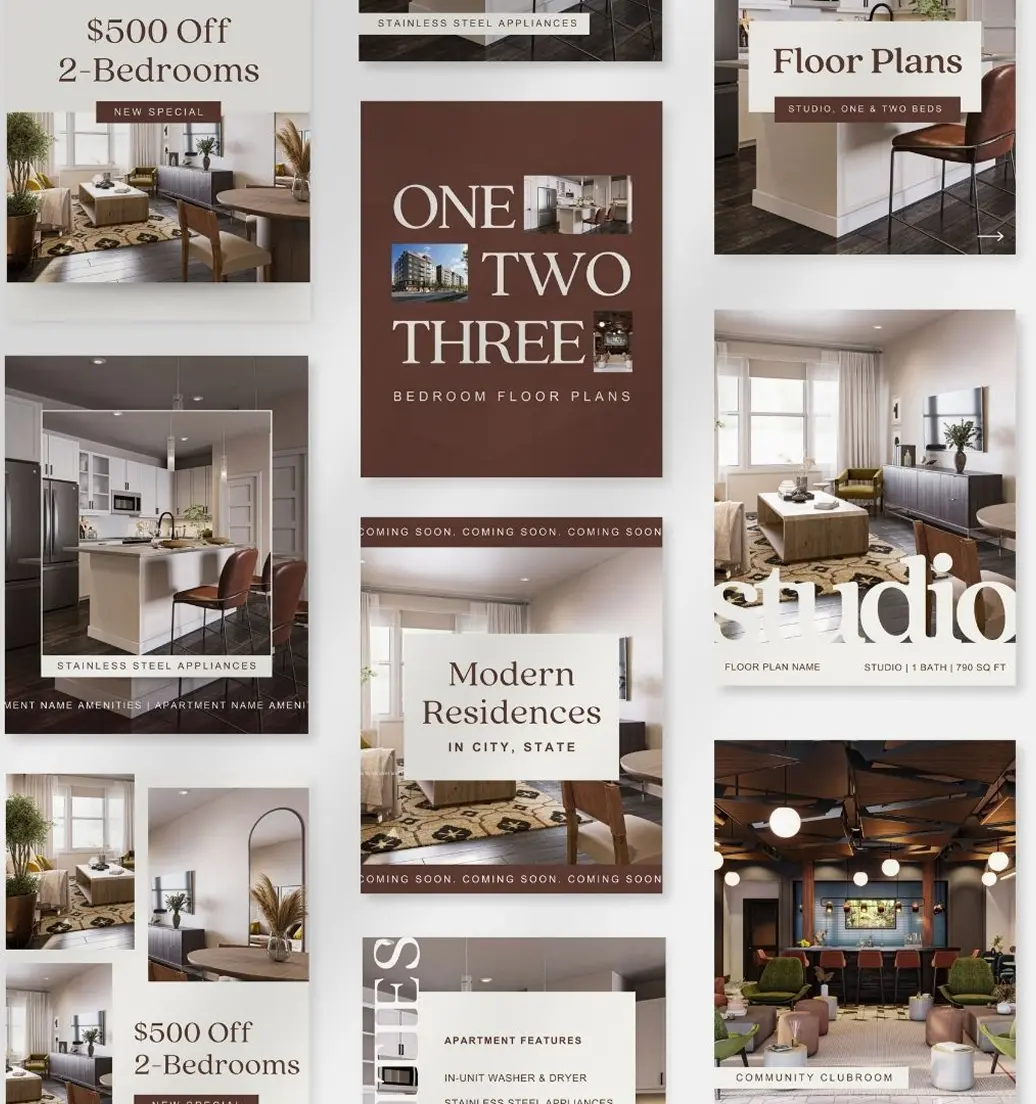 Modern apartment promotions and floor plans.