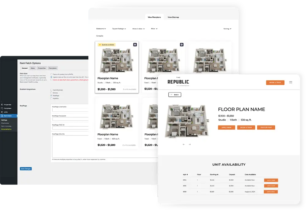 Apartment rental website with floor plans and prices.