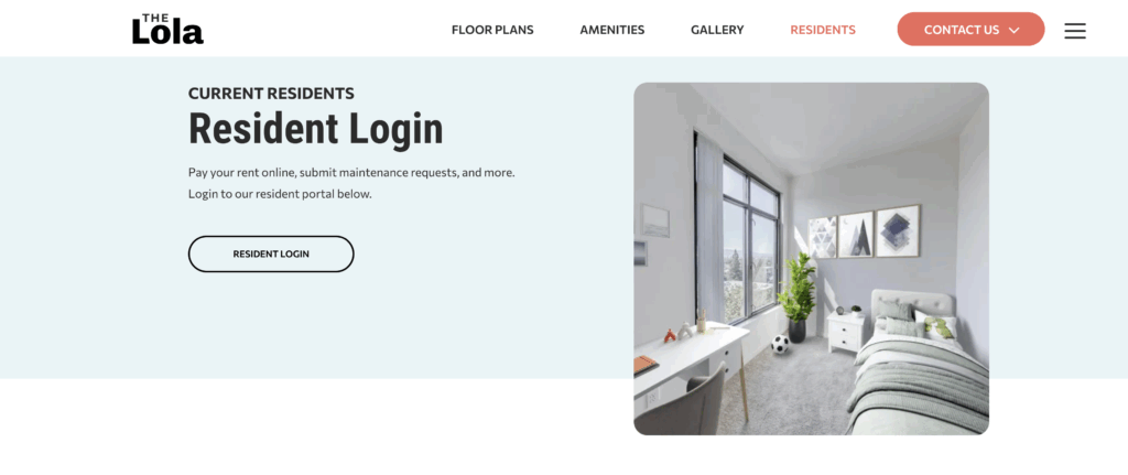 Resident login portal and modern bedroom interior