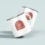 White enamel mugs with Soren logo.