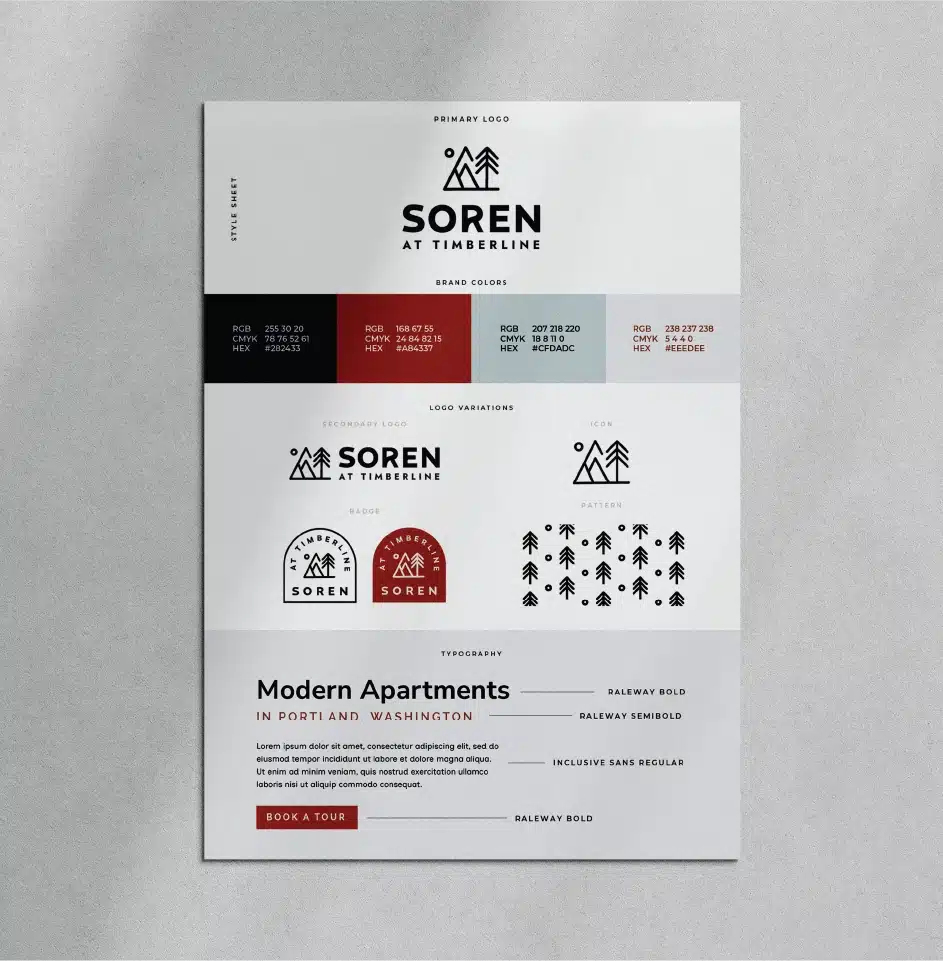 Soren branding style sheet with logos and colors.