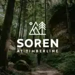 Hiker walking through lush forest trail with logo.