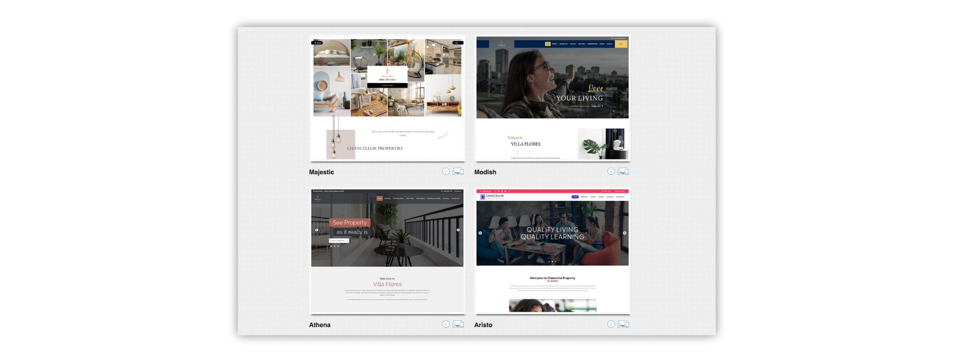 Real estate website designs preview, four templates shown.