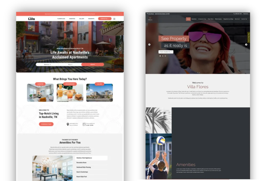 Websites showcasing modern apartment living and amenities.