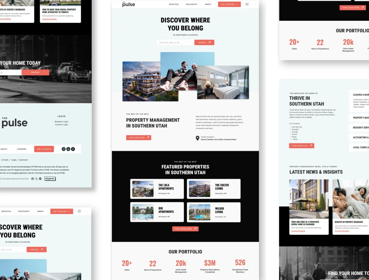 Real estate management website layout mockup.