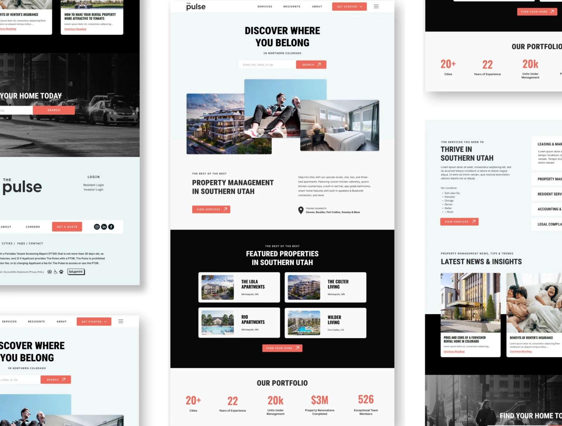Real estate management website layout mockup.
