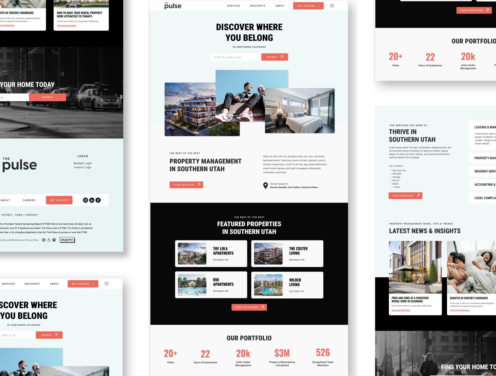 Real estate management website layout mockup.