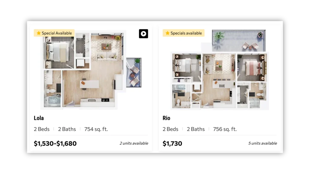 Apartment floor plans, availability, and prices overview.