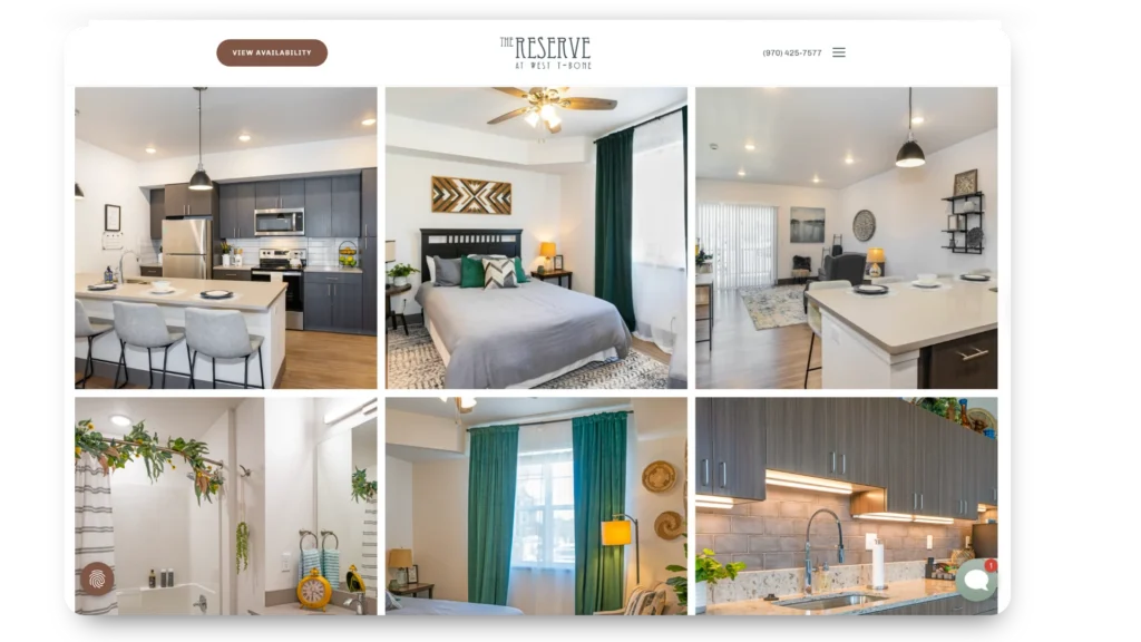 Modern apartment kitchen, bedroom, and living room interior.