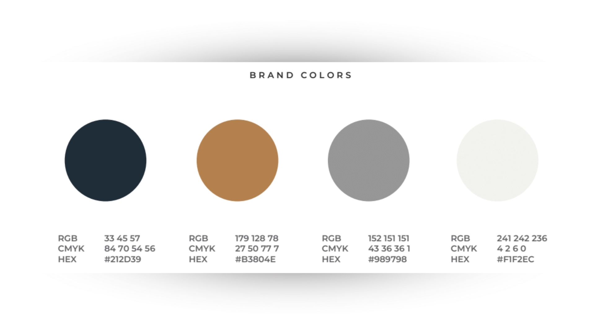 Brand color palette with four swatches and codes.