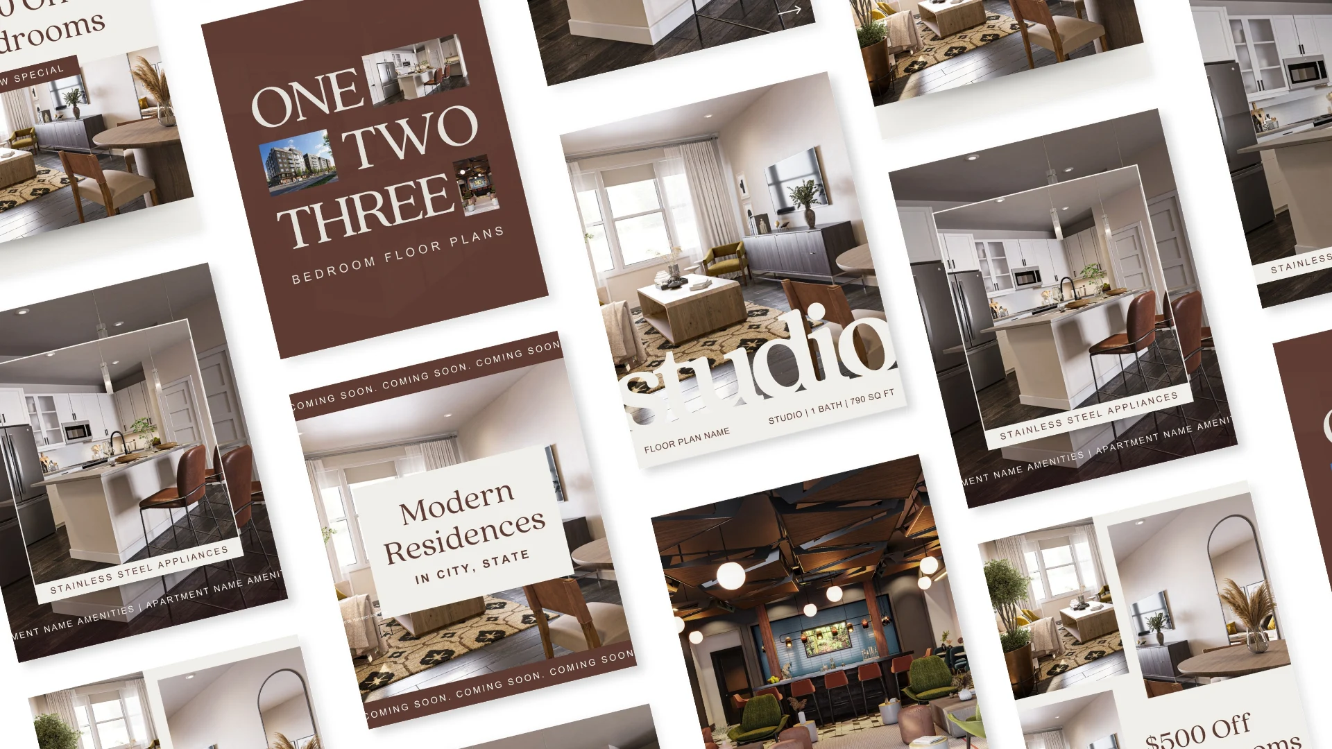 Collage of modern apartment floor plans and interiors.