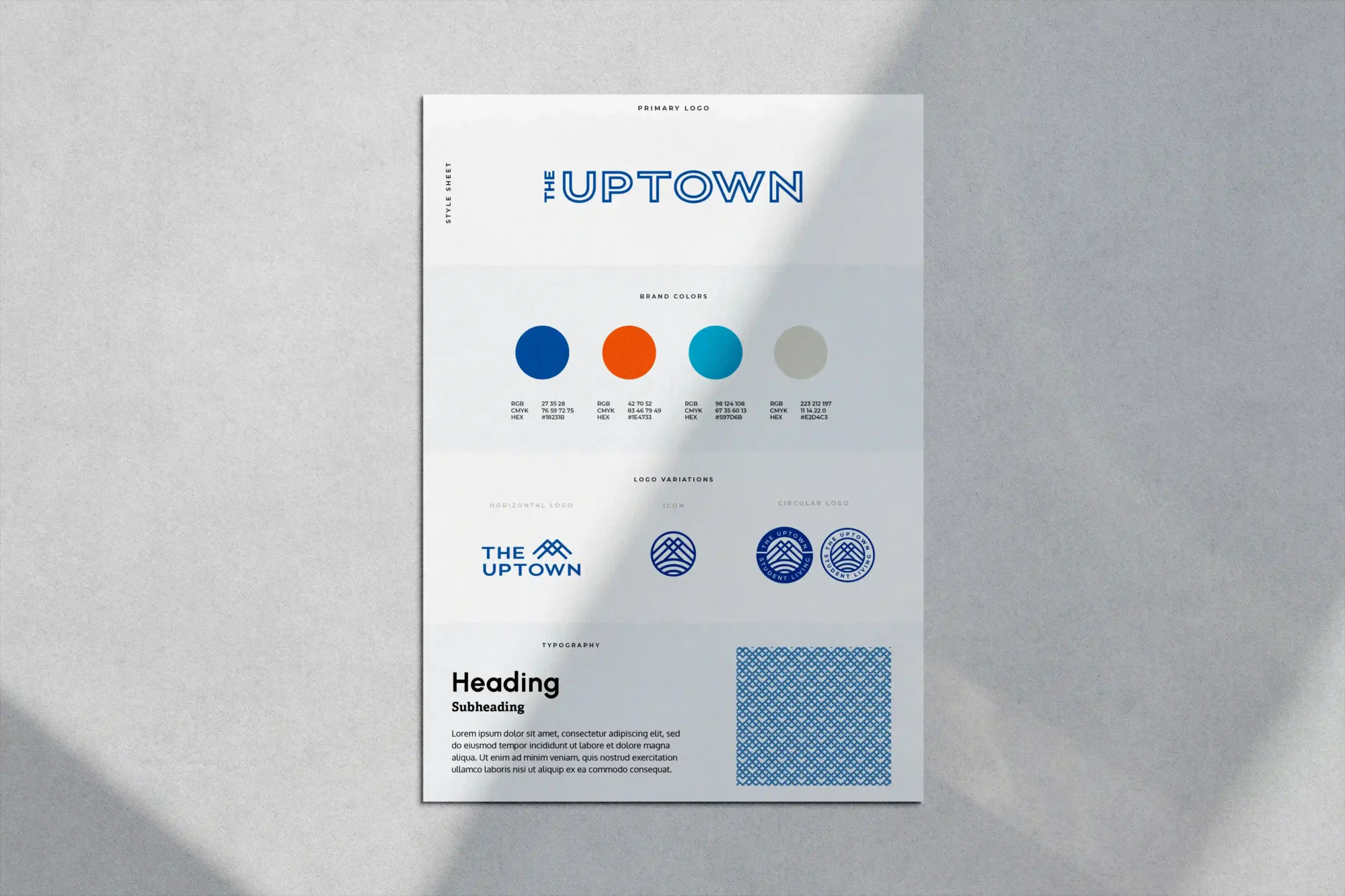 Brand style guide with logos and color palette.