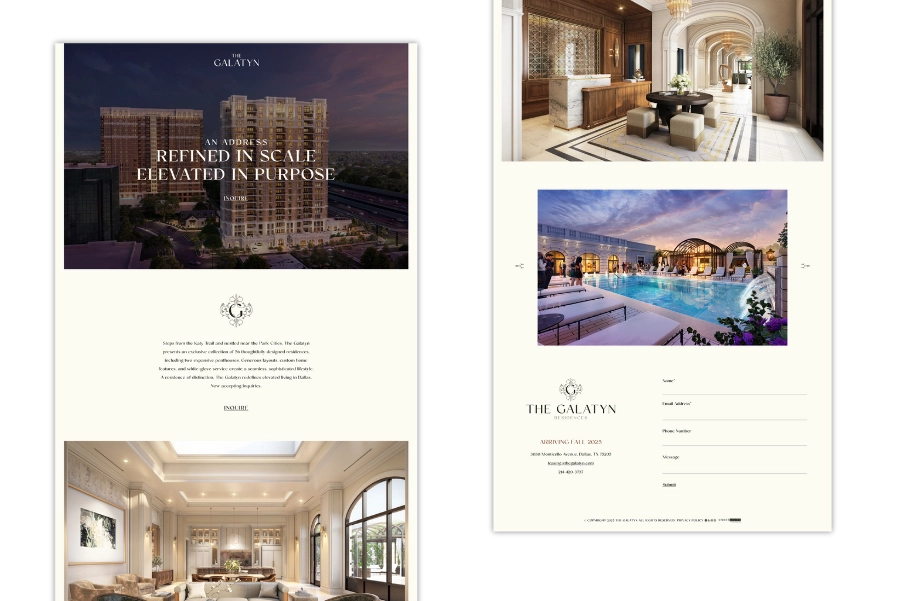 Luxury high-rise apartments with pool and lounge areas.