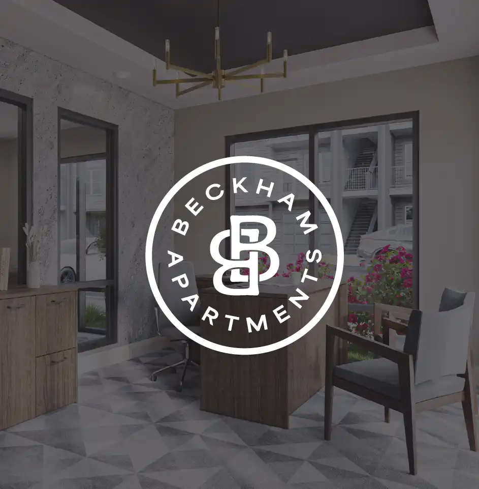 Modern office interior with logo overlay.