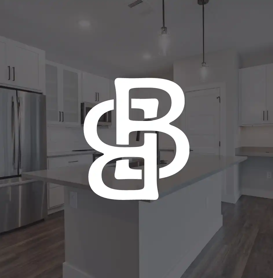 Modern kitchen with logo overlay