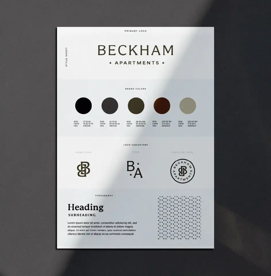 Beckham Apartments branding style sheet with logos and colors.