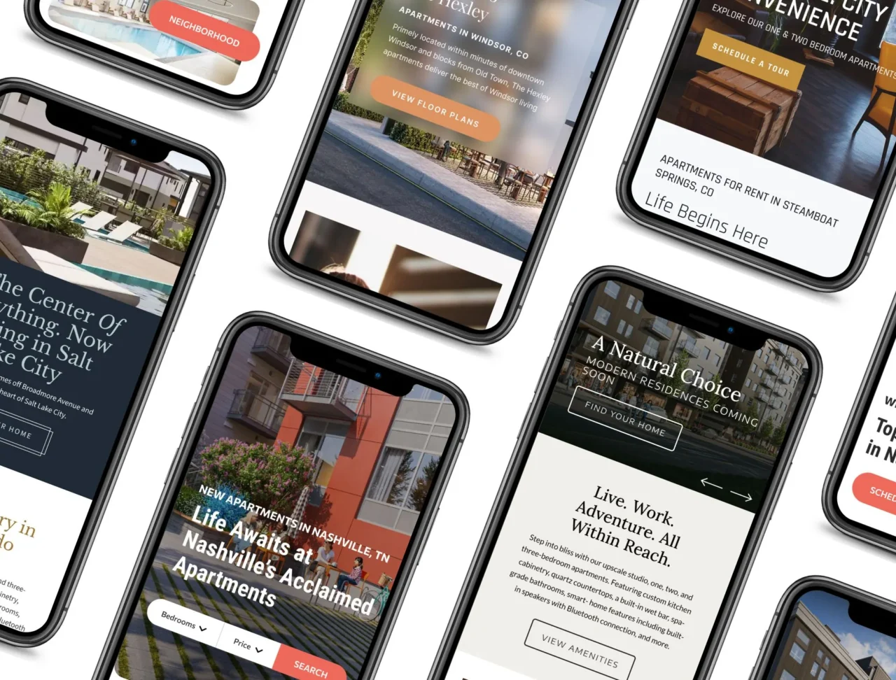 Mobile phone screens showing apartment rental websites
