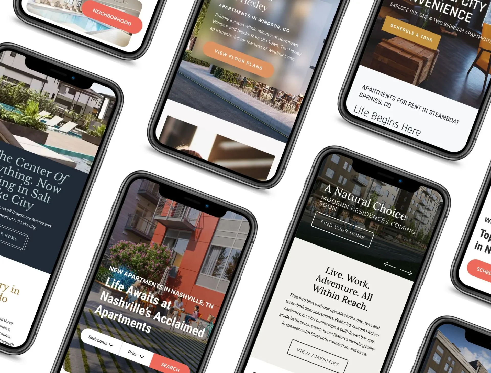 Mobile phone screens showing apartment rental websites