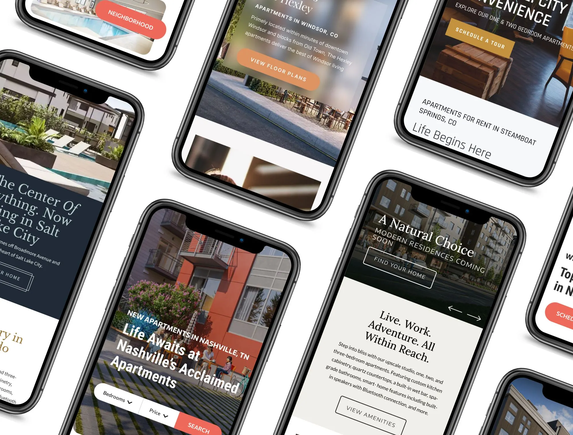 Mobile phone screens showing apartment rental websites