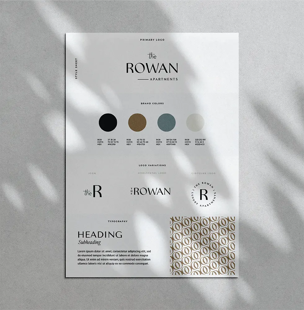 The Rowan Apartments brand style sheet with colors and logos.