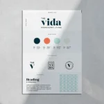 Brand design sheet with logos and color palette.