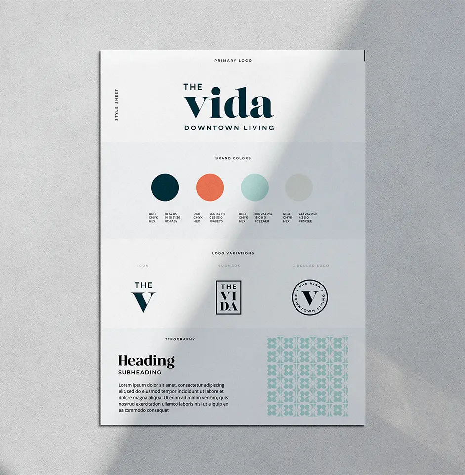 Brand design sheet with logos and color palette.