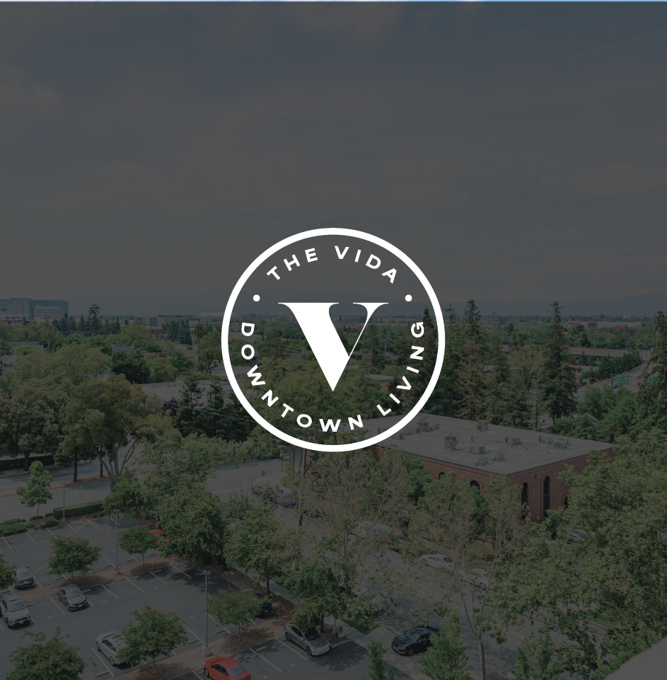 The Vida Downtown Living logo over cityscape.