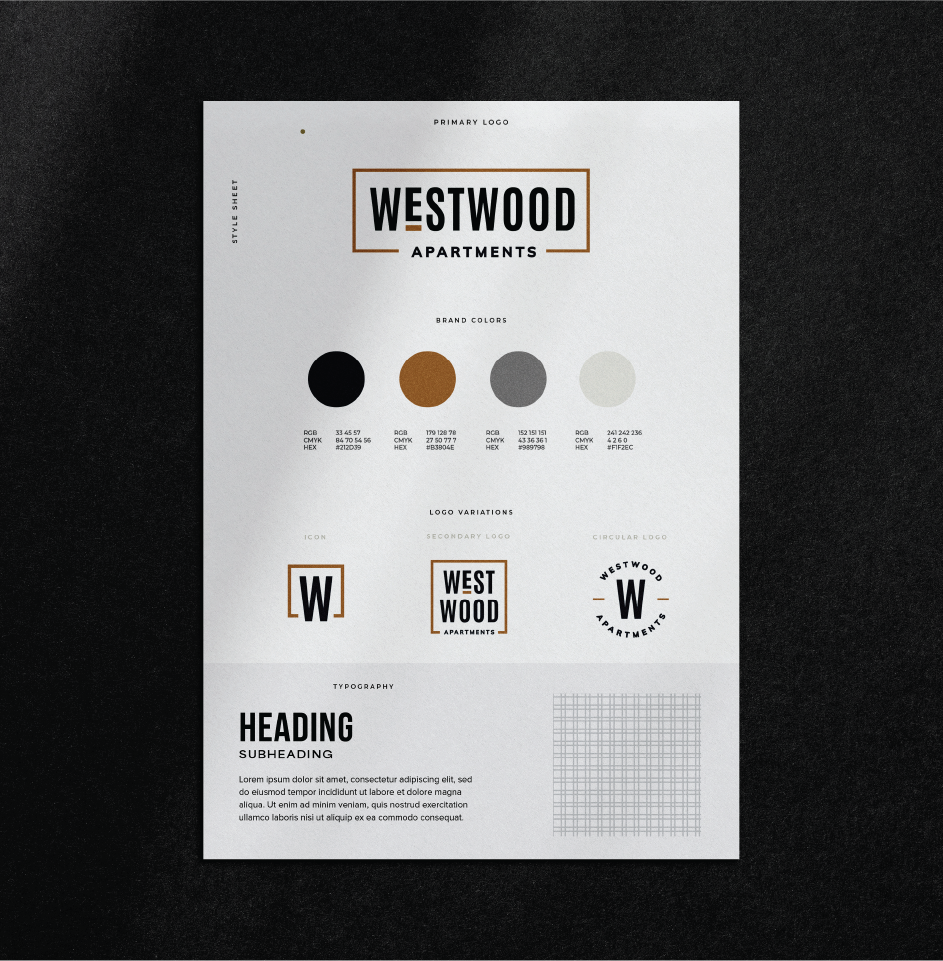 Westwood Apartments brand style guide with logo designs.