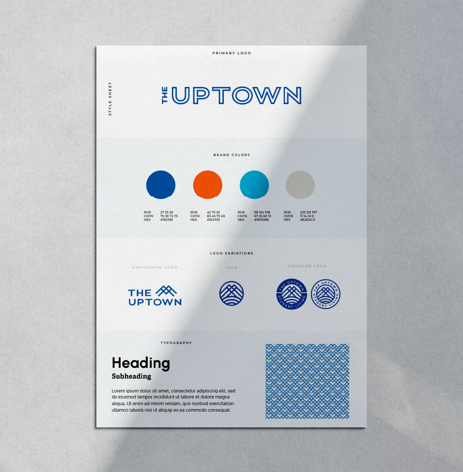 Brand style sheet with logo and color details.