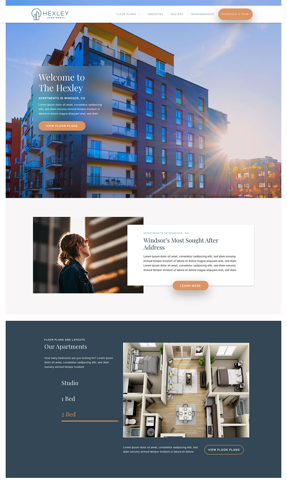 Modern apartment building with scenic sunset backdrop.