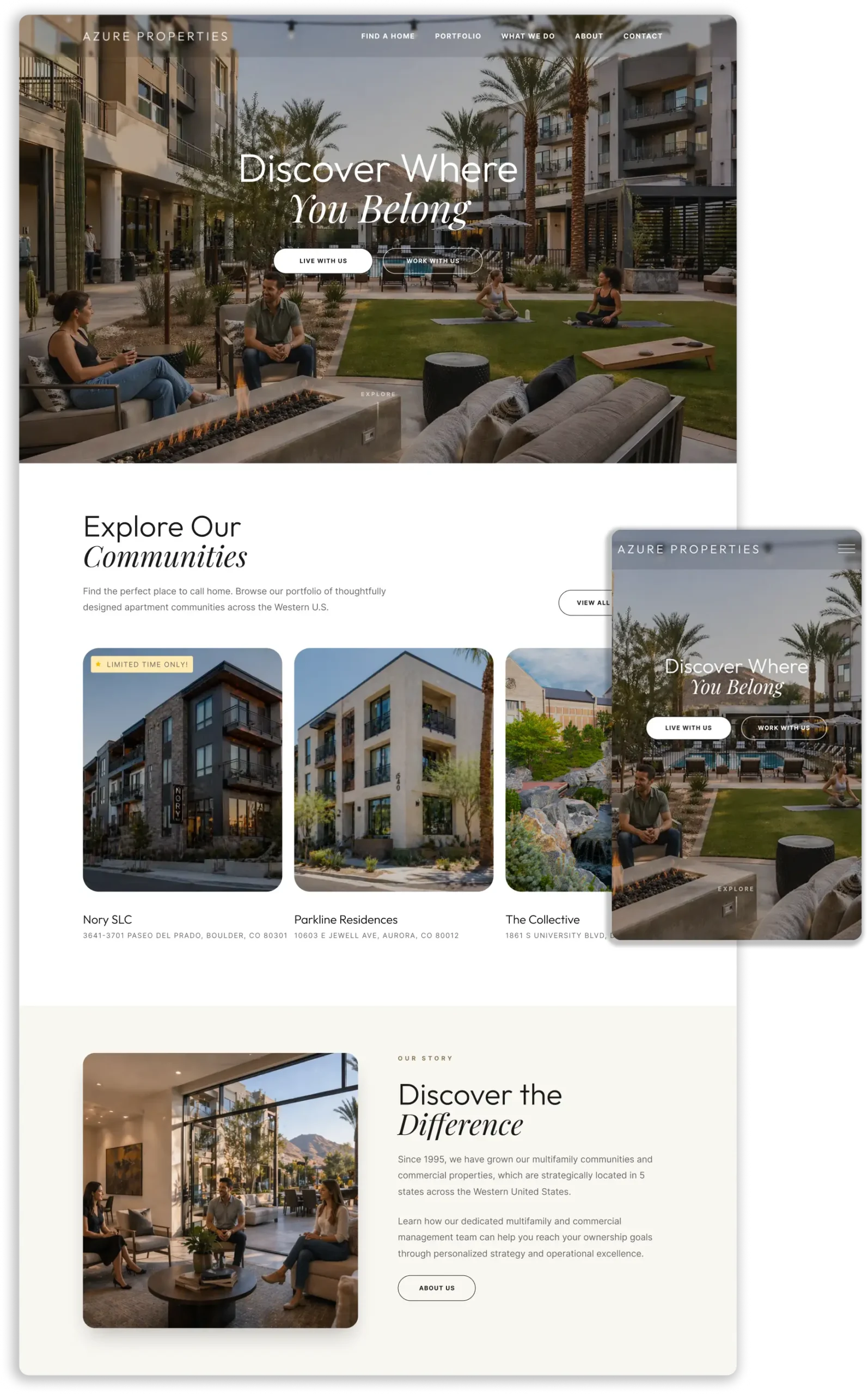 Modern apartment community courtyard with palm trees
