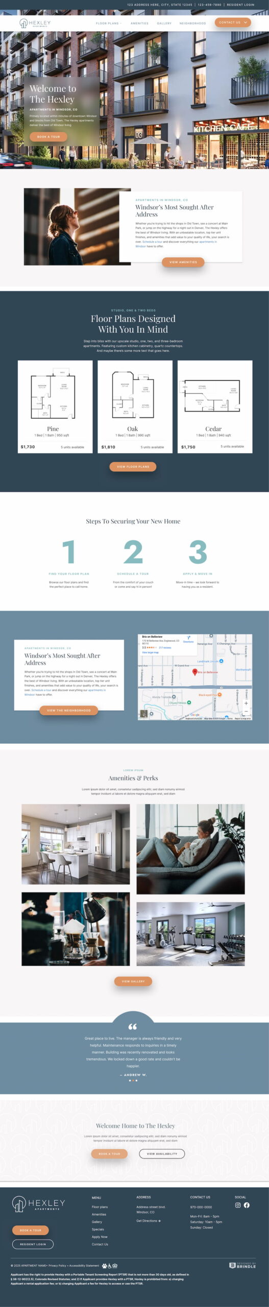 The Hexley Apartments website homepage layout