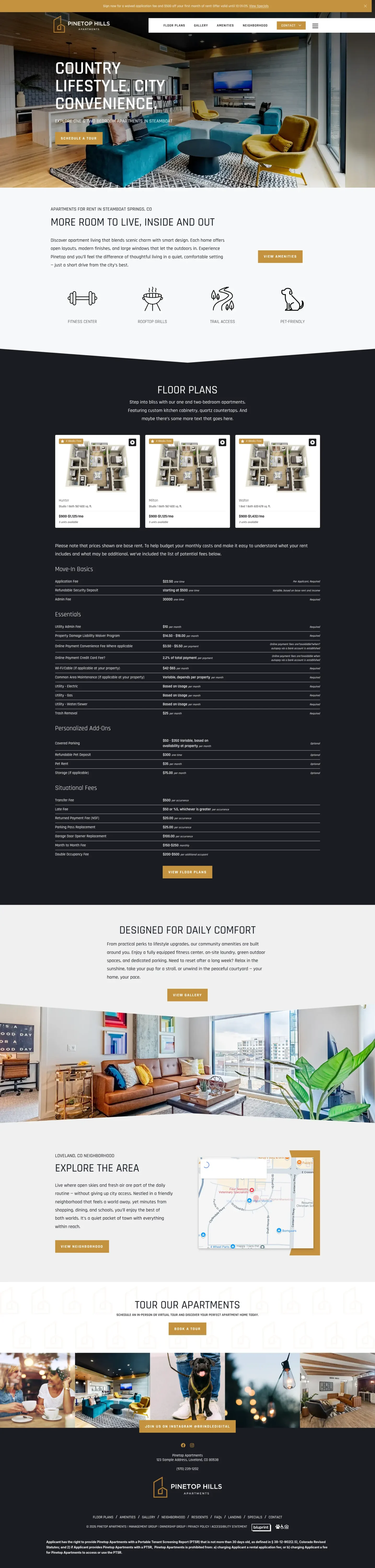 Modern apartment website with amenities and floor plans