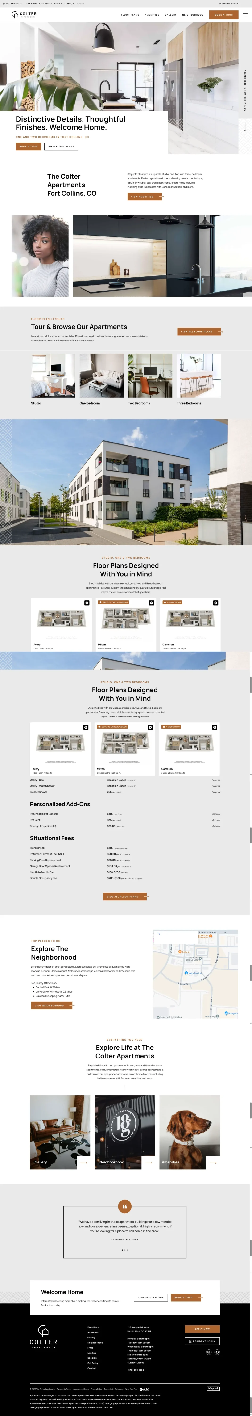 Modern apartment website homepage with interiors and floor plans