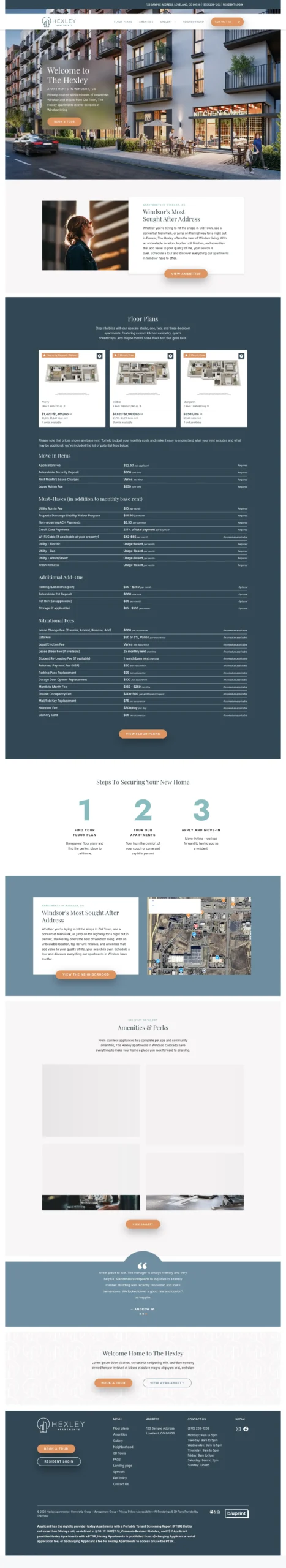 The Hexley apartments website with building and floor plans