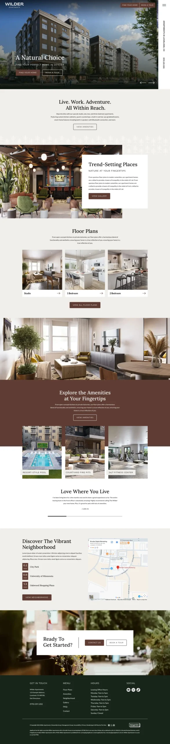 Wilder apartments website showcasing amenities and floor plans