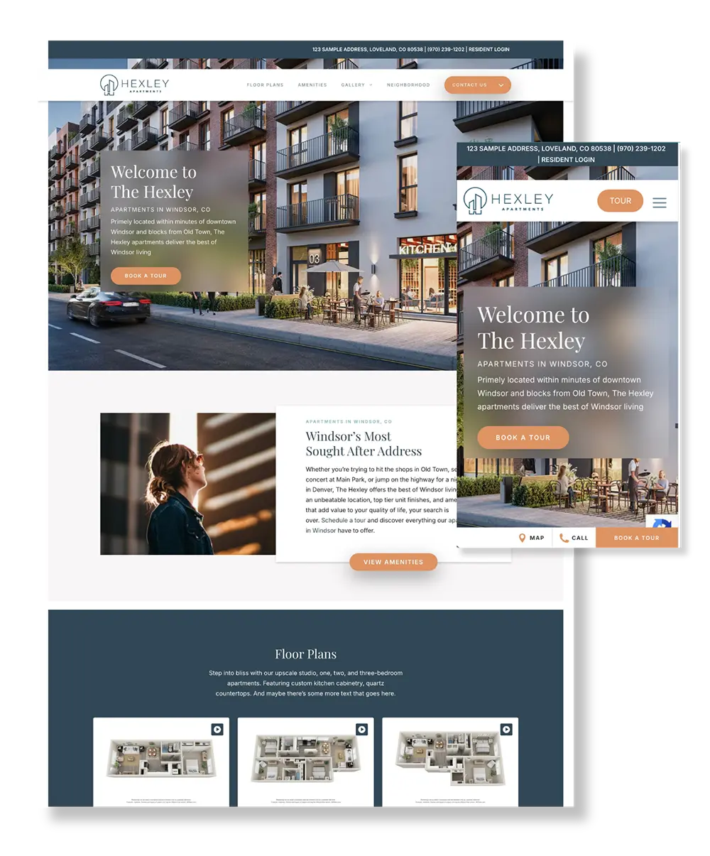 Responsive Huxley Apartments website design on desktop and mobile
