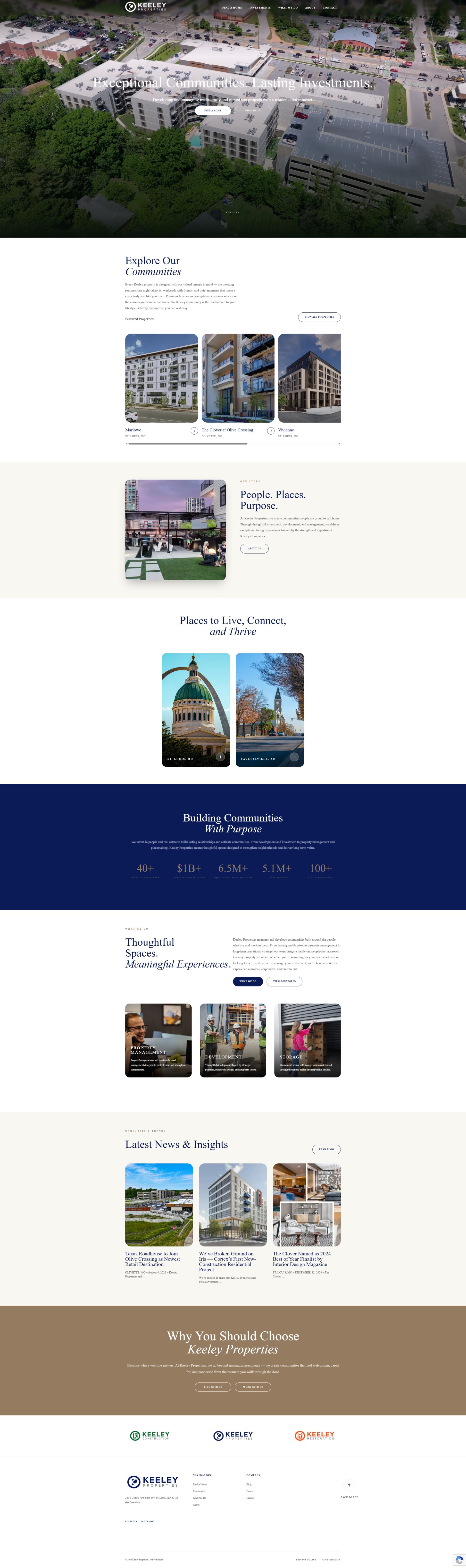 Keeley Properties website featuring aerial view of apartment community