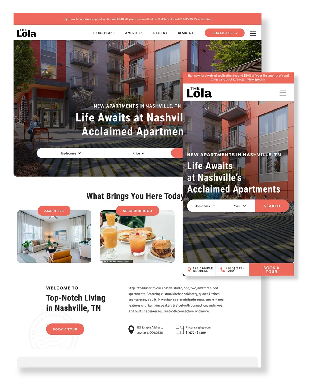 Apartment community website shown in desktop and mobile layouts