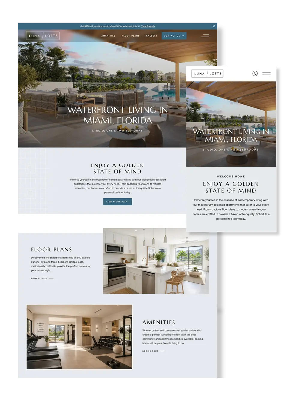 Luna Lofts responsive waterfront apartment website design