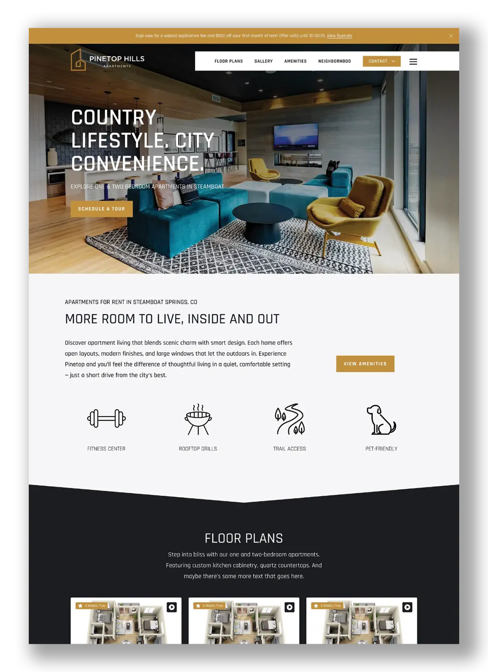 Pinetop Hills Apartments website homepage with modern lounge
